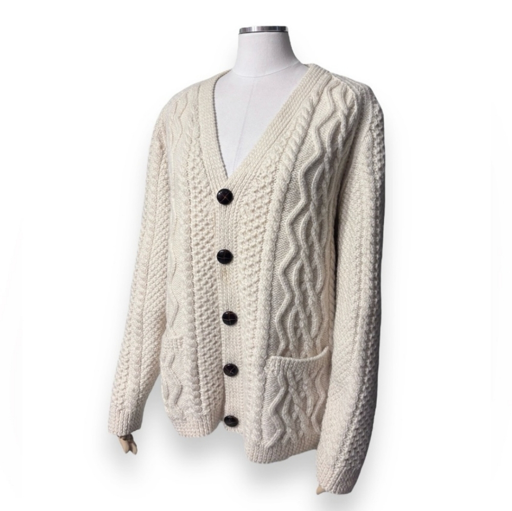 BLARNEY WOOLEN MILLS Heavyweight Ivory Aran Knit Button Front Cardigan VINTAGE